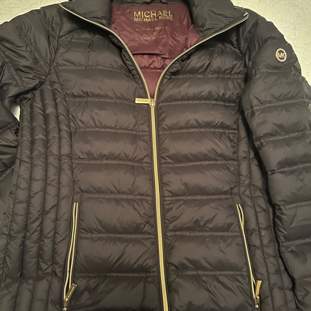 Michael Kors Black Puffer Jacket with Gold Zipper. Down filled. Size Small